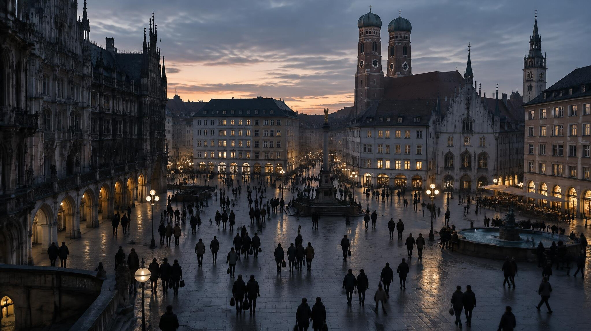 Anonymous crowd of people seen from a distance in a European city square at dusk