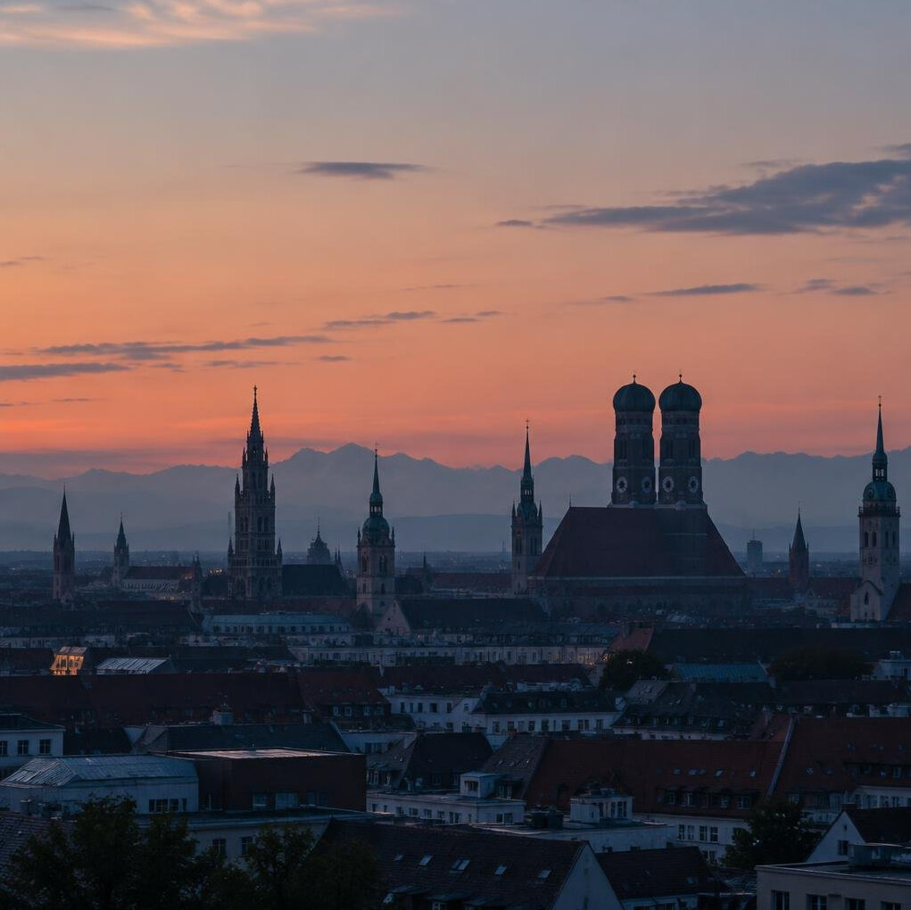 Muted view of a German city skyline at dusk from a distance