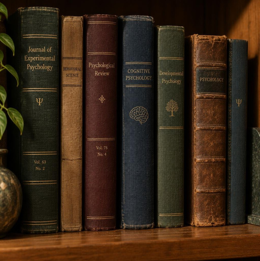 Close detail of old academic journal spines on a shelf
