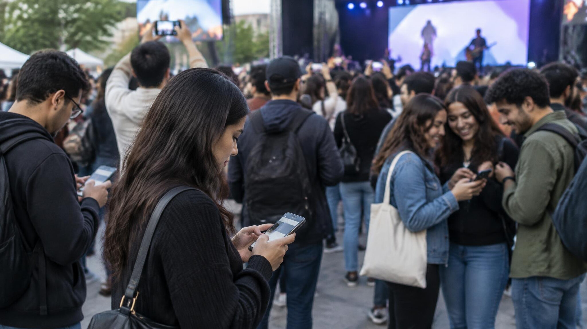 people using smartphones in public