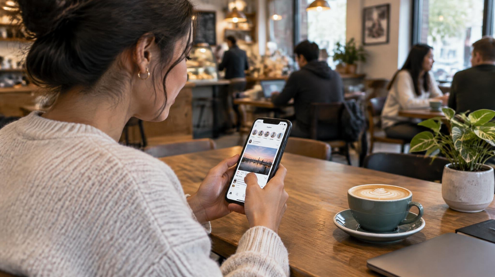 person using smartphone in cafe