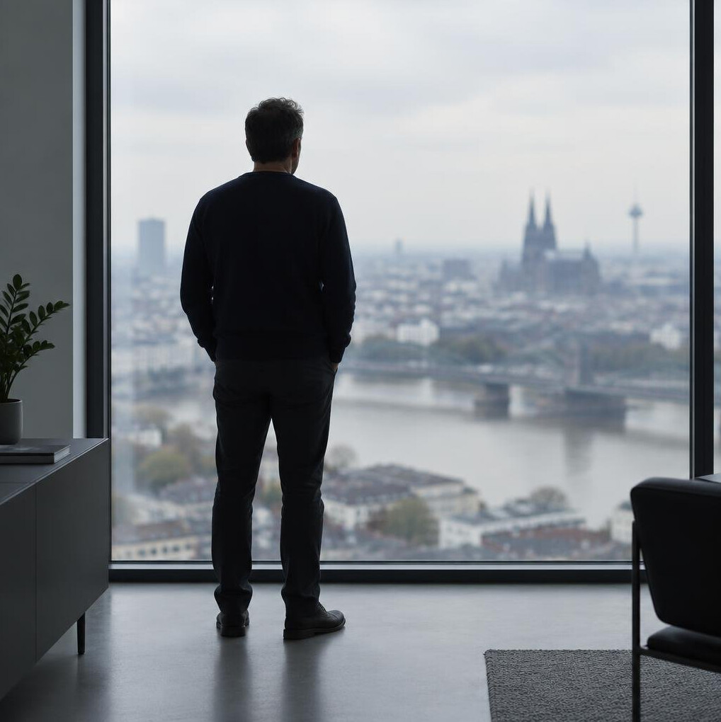 Silhouette of a person standing by a large window looking outward