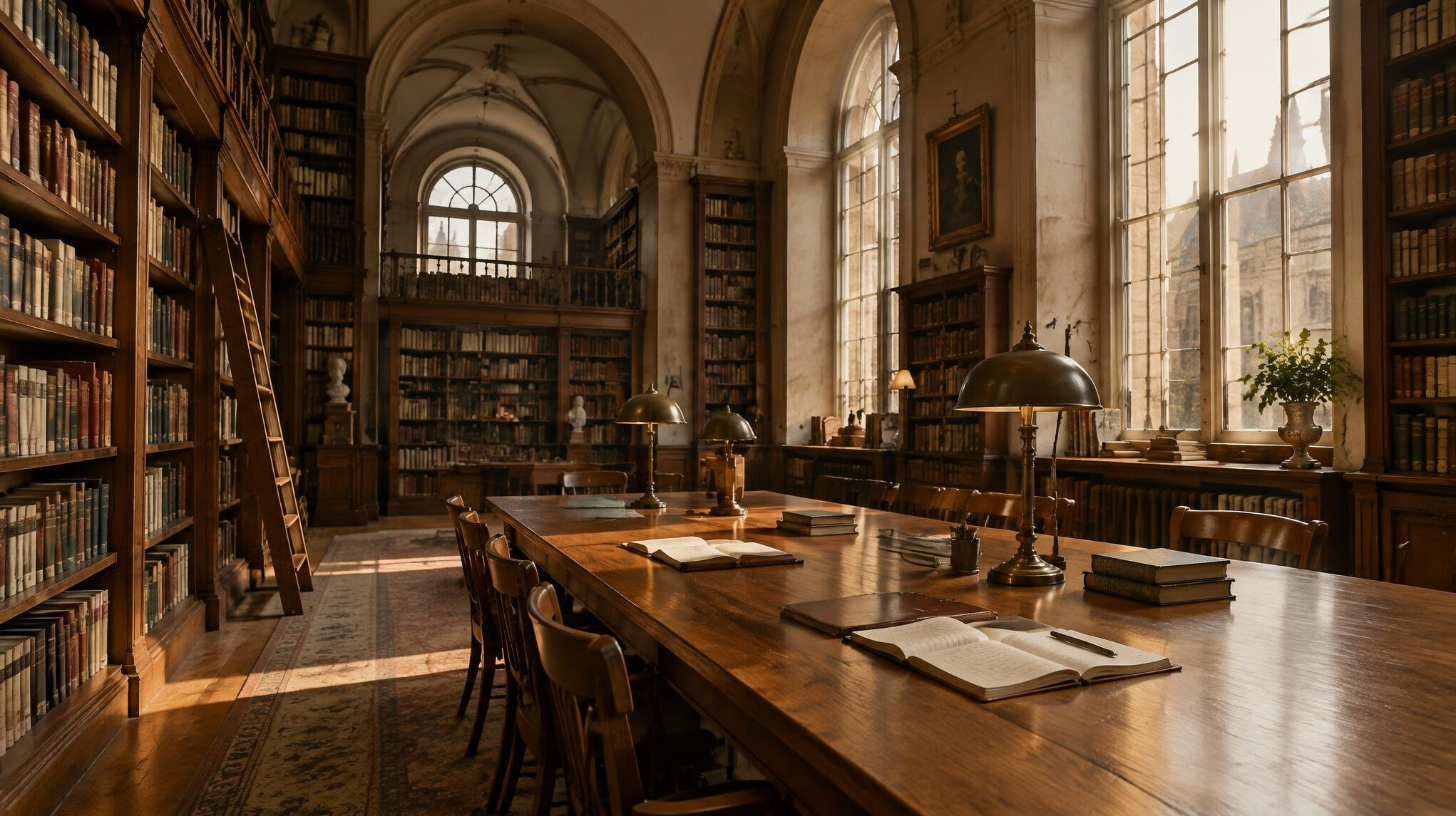 Elegant European reading room with tall bookshelves and warm light
