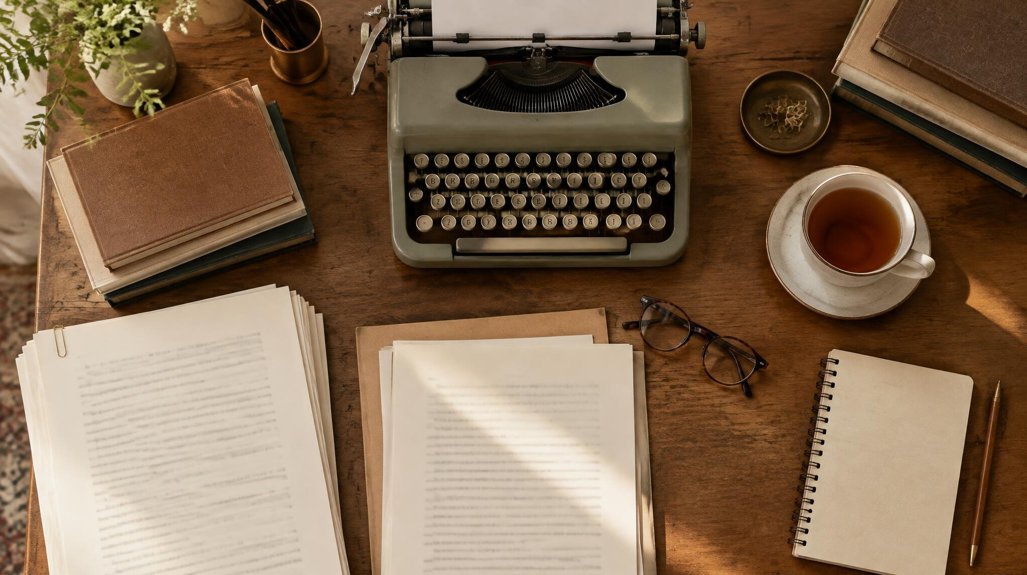 Overhead view of an editorial desk with manuscripts and a typewriter
