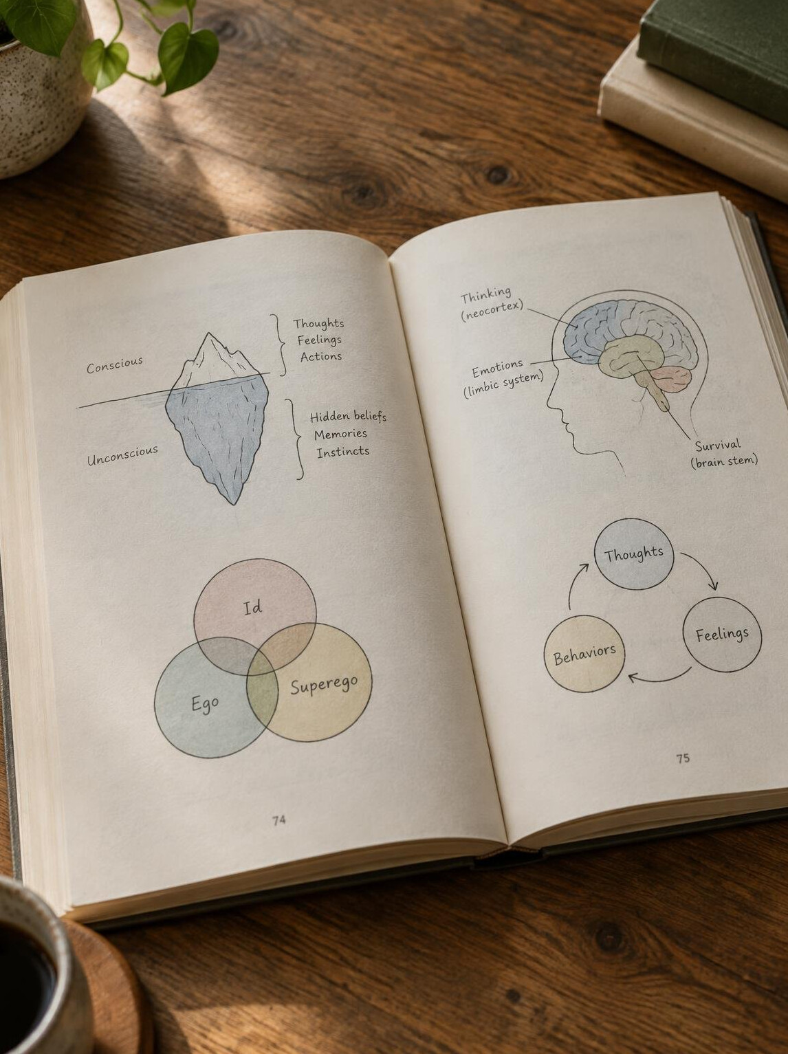 Open academic book showing psychological diagrams and annotations