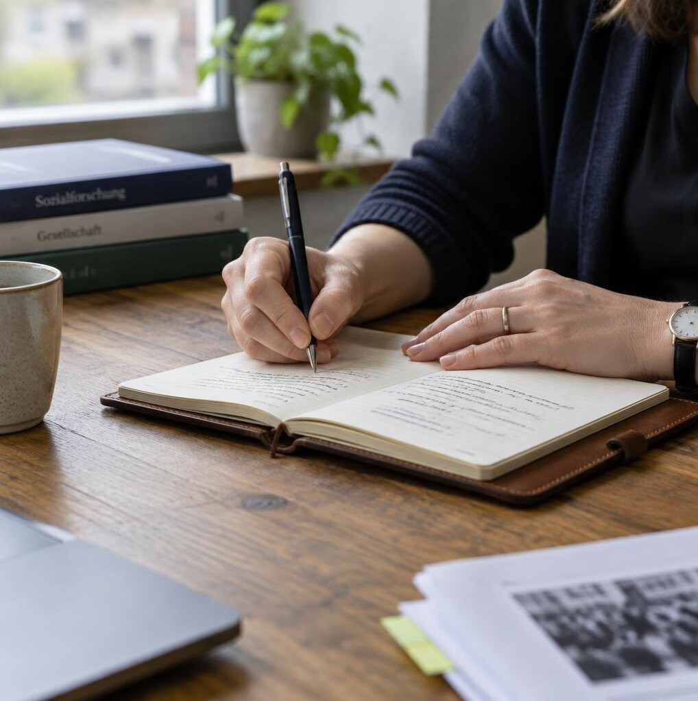 Close-up of a researcher's hands writing notes in a leather notebook