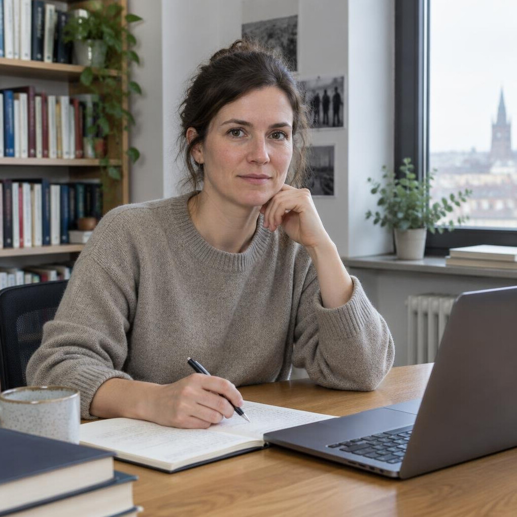Portrait of a German female sociologist working at her desk