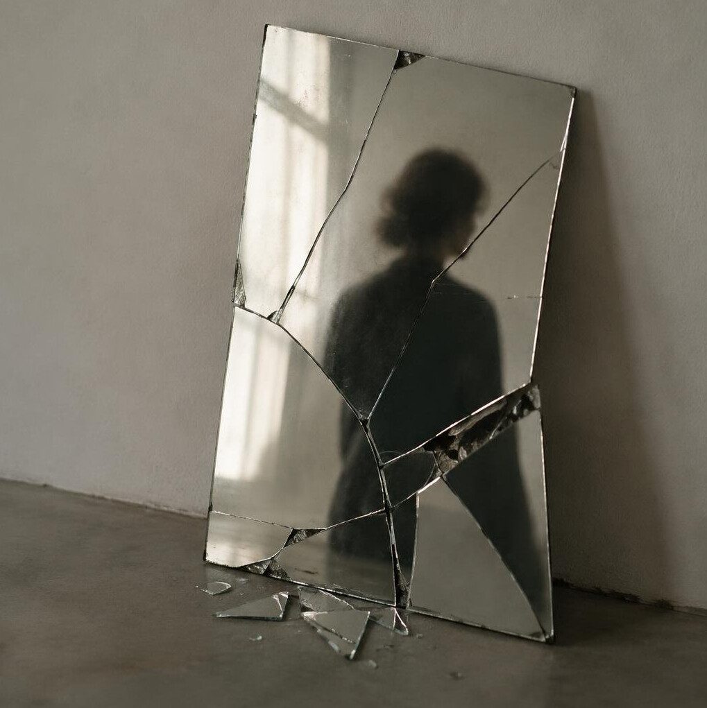 Fragmented mirror reflecting a blurred human silhouette