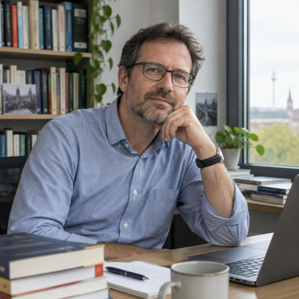 Portrait of a German male social researcher in his forties near a window