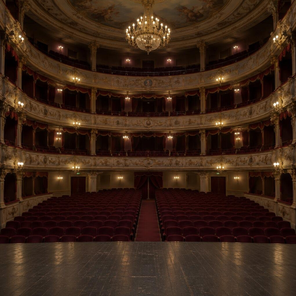 Empty ornate European theatre auditorium with no audience